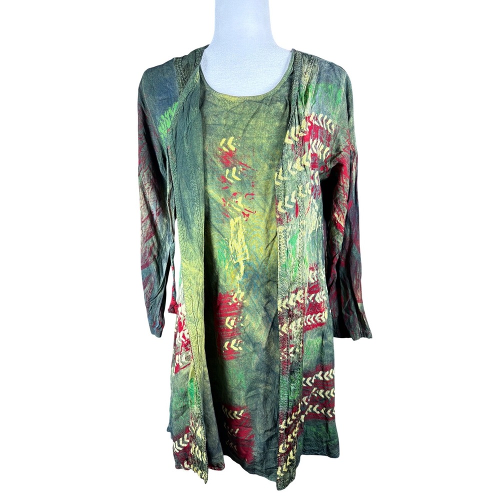 Tops In‎ Fashion Womens M Green Batik Tie Dye 2 Piece Tunic Cardigan Set India